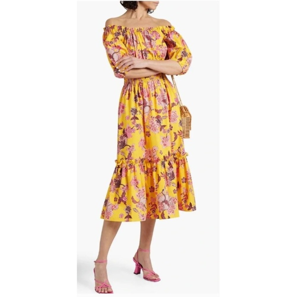 NWT Cara Cara Mimi Dress Size Small Nippon Buttercup Yellow Floral Midi Smocked